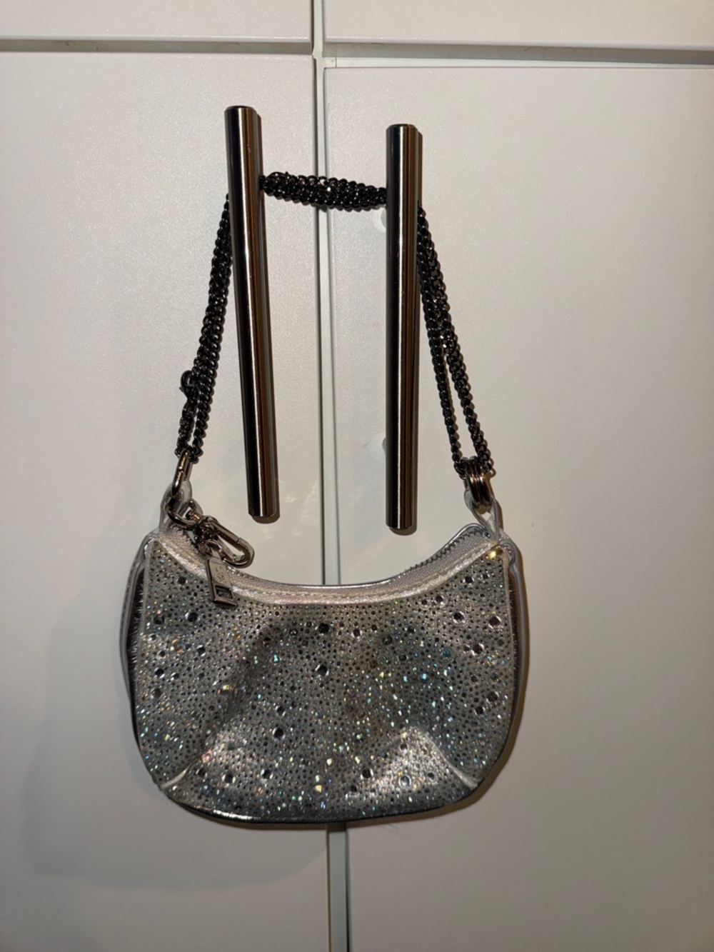 Betsy Johnson Silver Crystal-Embellished Shoulder Bag